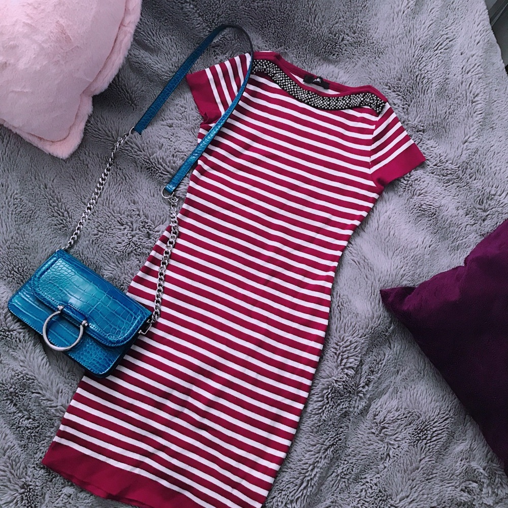 Striped bodycon sweater dress with embellishment